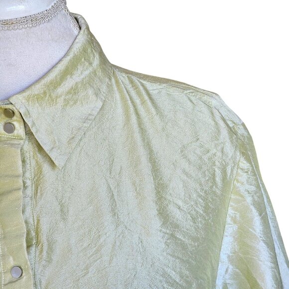 Y2K Raw Silk Shirt Sz XL Petite Snap Light Green Long Sleeve Irridescent Office - Picture 2 of 12